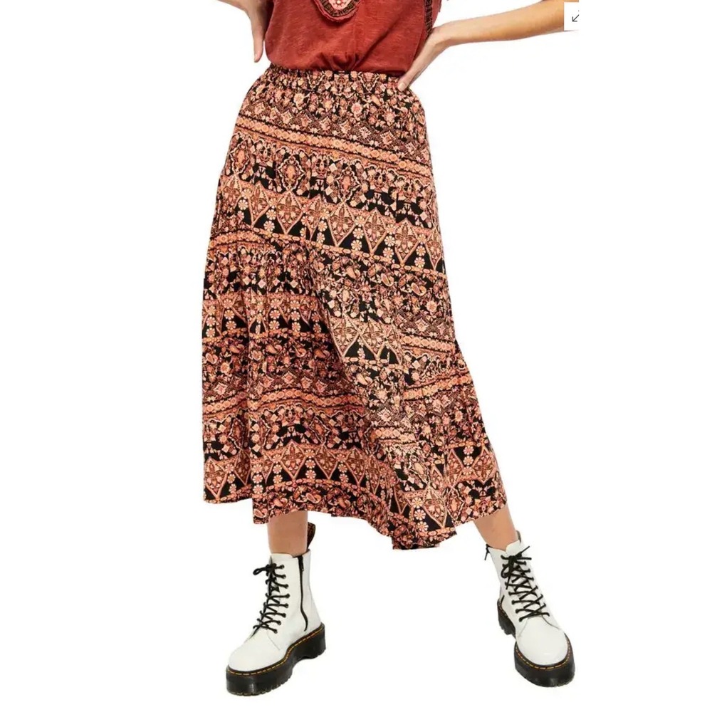 Free People All About The Tiers A-Line Skirt Black Brown Boho Tiered Ruffle S